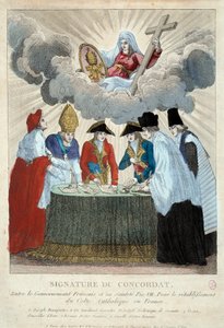 Podpisanie konkordatu z 1801 r. w dniu 15.07.1801 r.: jest on podpisany między rządem francuskim (tu reprezentowanym przez Josepha Bonaparte) a Saint Siege (reprezentowanym przez kardynała Consalvi za papieża Piusa VII). 1801 Paryż, Muzeum Carnavalet autorstwa French School