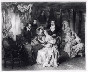 Podpisanie kontraktu małżeńskiego w kancelarii adwokackiej, ok. 1840 r. autorstwa French School