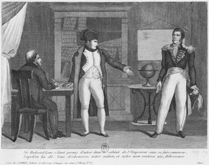 Sir Hudson Lowe przybywający w gabinecie Napoleona I (1769-1821) na wyspie Św. Helena bez zapowiedzi autorstwa French School