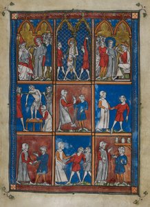 Sloane MS 1977 fol.6r Dziewięć miniatur przedstawiających sceny biblijne i medyczne. Powyżej Chrystus przed Kajfaszem i Piłatem; biczowanie. Centrum i poniżej, lekarze leczący pacjentów z powodu złamań kości i innych dolegliwości autorstwa French School