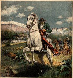 Przemytnik w Pirenejach ścigany przez królewskich karabinierów. Grawer w „”La Terre Illustree”” nr 75 z 7 kwietnia 1892 r. autorstwa French School