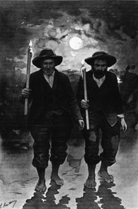 Źródło i chorzy: dwóch mężczyzn, jedna noc pełni księżyca, każdy ze świecą i chodzący boso (procesja?) - w „Journal des voyages” autorstwa French School