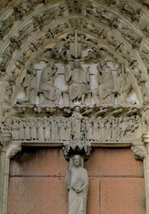 Tympanon Portal Południowy przedstawiający Chrystusa na tronie z figurą Beau Christ na trumeau poniżej, XII w. autorstwa French School