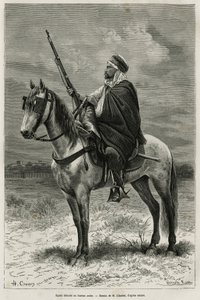 Spahi, sprawny jeździec i strach przyczyniający się do podboju Algierii, na usługach Francji, odrywa się w arabskim biurze, grawer według rysunku H.Charlesa, aby zilustrować historię Tebessa i jej zabytki (Algieria), autorstwa A. Herona de Villefosse, autorstwa French School