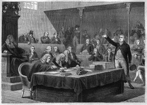 Przemówienie Depute Foxa do parlamentu Anglii na temat francuskiej inwazji na Szwajcarię, listopad 1802 - Rycina z „Histoire du Consulate et de l
