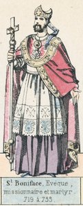 Św. Bonifacy, Biskup, Misjonarz i Męczennik, 719-735 (kolorowy grawerunek) autorstwa French School