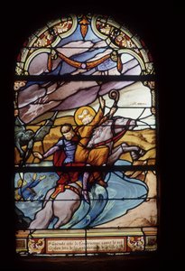 St Guenolé, opat Landévennec, ratuje króla Gralona podczas powodzi w mieście Ys - witraże kościoła St Germain w Kerlaz autorstwa French School