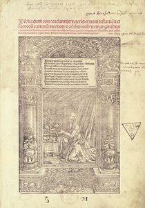 Św. Hieronim w swoim Studiolo, strona tytułowa Biblii, druk J. Marion, Lyon, 1521