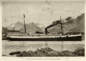 Parowiec The Queen w porcie Sitka (Alaska, USA). Rycina Bochera, w 1890, w Le tour du monde, nouveau journal des voyages, pod redakcją Edouarda Chartona (1807-1890), 2. semestr 1891, wyd. Hachette, Paryż. autorstwa French School
