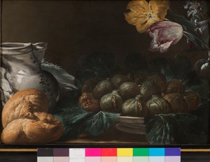 Martwa natura z talerzem fig, dzbanem, kwiatami i chlebem, 1740-50 autorstwa French School