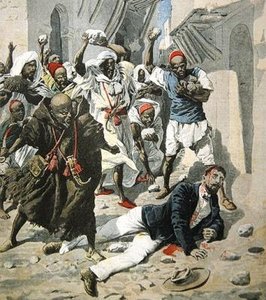 Ukamienowanie na śmierć Doktor Emile Mauchamp w Marrakeszu, ilustracja na okładce Le Petit Journal, 7 kwietnia 1907 autorstwa French School
