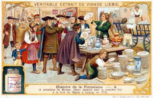 Historia porcelany nr 4: Porcelana miśnieńska (Saksonia) pojawiła się po raz pierwszy na targach wielkanocnych w Lipsku w 1710 roku. Chromolitografia Liebiga autorstwa French School