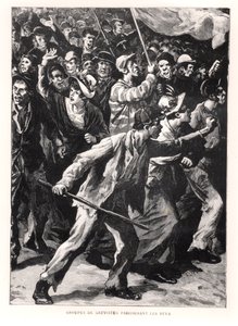 Strajkujący demonstrujący na ulicach Chicago podczas zamieszek Pullmana w 1894 r., ok. 1895 r. autorstwa French School