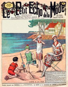 Lato nad morzem, kobieta z trójką dzieci na plaży autorstwa French School