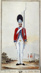 SwissGuard. Tablica 16 w „Kompendium umundurowania wojsk francuskich pod panowaniem Ludwika XVI” Litografia z 1779 r. Wymiary 0,23x0,16m. Paryż, Muzeum Wojska autorstwa French School