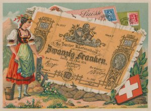 Szwajcarka w tradycyjnym stroju i banknot 20 franków autorstwa French School
