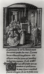 T.2 Fol.111 Śmierć króla Anglii Edwarda III na zamku Shene, z Kroniki Froissarta, koniec XV w. (welum) (zdjęcie czarno-białe) autorstwa French School