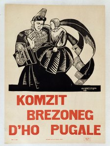 Porozmawiaj ze swoimi dziećmi po bretońsku - Plakat propagandy w języku bretońskim zachęcający Bretonów do zachowania ich regionalnego języka autorstwa French School