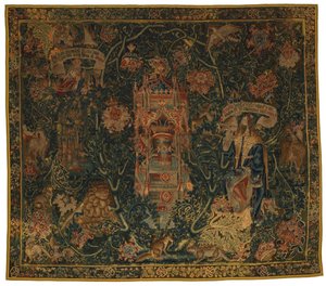 Gobelin, Bóg Ojciec ukazujący się Mojżeszowi (jeden z zestawu sześciu Sybilli obejmujących od 46.134 do 46.139) zwany „Rothamsted Tapestries”, wykonany we Flandrii, Tournei lub Brukseli w Belgii, ok. 1530 r. (wełna) autorstwa French School