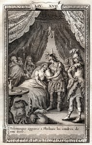 Telemaque opiekuje się ranami Phalante i przynosi mu prochy brata - rycina z 1798 r. według Monneta w „Les Aventures de Telemaque, fils d
