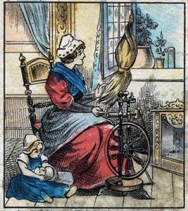 Tkanina, len. Kobieta używa mechanicznego kołowrotka do przędzenia bielizny. Rytownictwo. Obrazowanie epinal pod koniec XIX wieku. autorstwa French School