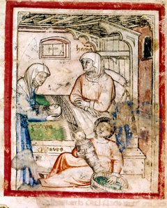 Tamar (Tamar) rodzi dwa bliźniaki, Peretsa i Zeracha, syna Judy, Miniatura z kodeksu 212 (lub kodeksu padovano lub Biblii z Padwy) 1390-1400 autorstwa French School