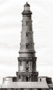 XVII-wieczna latarnia morska w Cordouan, w pobliżu ujścia ujścia Gironde we Francji, widziana tutaj po rozbudowie w XVIII wieku, z Les Merveilles de la Science, wydana ok. 1870 (rycina) autorstwa French School