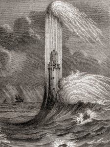 Latarnia Eddystone z XVIII wieku, zbudowana przez Johna Rudyarda, Eddystone Rocks, niedaleko Rame Head w Anglii, z „Les Merveilles de la Science”, opublikowana ok. 1870 r. (rycina) autorstwa French School