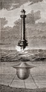 Pływająca latarnia morska z XIX wieku umieszczona przy wejściu do portu w Liverpoolu w Anglii, z „Les Merveilles de la Science”, opublikowana ok. 1870 r. (rycina) autorstwa French School