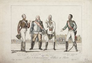 Władcy alianccy w Paryżu, 1815, Aleksander I, cesarz Rosji, Ludwik XVIII, król Francji, Franciszek I, cesarz Austrii i Fryderyk Wilhelm III, król Prus, wyd. Martinet, 1815 autorstwa French School