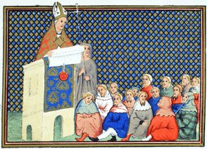 Arcybiskup Canterbury przemawia do angielskiej szlachty przeciwko Ryszardowi II, faksymile z Le Prinse et Mort du Roy Richart autorstwa Jeana Cretona, przedruk XIX w. autorstwa French School