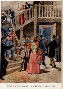 Aresztowanie prostytutek w paryskich hotelach (pensjonat) - Obława na hotele wypełnione - w „Le Petit Journal” z 08.04.1895 (rycina) autorstwa French School