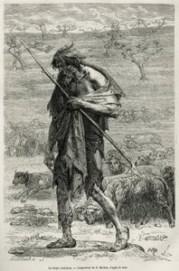 Owczarek australijski, wygrawerowany na podstawie rysunku D. Maillarta, aby zilustrować historię sześciu miesięcy w Australii, autorstwa Desire Charnay, misji misyjnej Ministerstwa Edukacji Publicznej, w 1878 roku, opublikowanej w tour du monde, pod kierun autorstwa French School