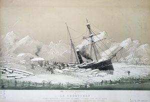 Austriacki parowiec śrubowy Tegetthoff utknął w lodzie i został zaatakowany przez niedźwiedzie polarne podczas rejsu poszukiwawczego na biegun północny 1872-4 autorstwa French School