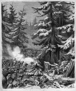 Bitwa pod Hohenlinden (niedaleko Monachium, Niemcy) 12 Frimaire, IX (3 grudnia 1800) pomiędzy francuskimi oddziałami generała Jean Victor (Jean-Victor) Moreau a siłami austriackimi i bawarskimi dowodzonymi przez arcyksięcia Jean-Baptiste (Jean-Baptiste ) A autorstwa French School