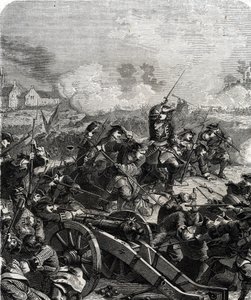 Bitwa pod Landen lub Neerwinden toczyła się w dzisiejszej Belgii w dniu 29 lipca 1693 podczas wojny dziewięcioletniej (grawerowanie) autorstwa French School