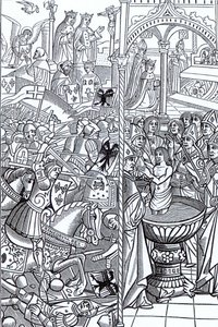 Bitwa pod Tolbiakiem i Chrzest króla Chlodwiga z „Mirouer Historial de France”, wydanej w 1516 r. autorstwa French School