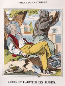 Niedźwiedź i ogrodnik z „Fables de La Fontaine” (kolorowy grawerunek) autorstwa French School