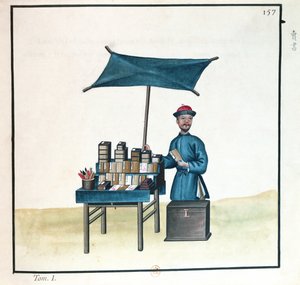 The Book Seller, z książki na ulicach Pekinu, ok. 1785 (toaleta i gwasz na papierze) autorstwa French School