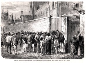 Kapucyni z rue de la Sante Rozdawanie ubogim codziennej zupy, z Le Monde Illustre, 1860 autorstwa French School