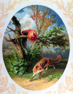 Kogucik i lis, ilustracja po bajce Jeana de la Fontaine (1621-95) ok. 1860-80 autorstwa French School