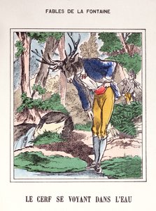 Jeleń widzący się w wodzie, z „Fables de La Fontaine” (kolorowy grawerunek) autorstwa French School