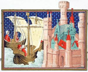 Książę Salisbury przybywający do zamku Conway z Irlandii, faksymile z Le Prince et Mort du Roy Richart autorstwa Jeana Cretona, drukowany XIX w. autorstwa French School