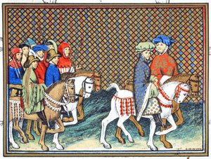 Książęta Exeter i Surrey wysłani przez Ryszarda II z zamku Conway do Chester w celu leczenia z księciem Lancaster, faksymile z Le Prinse et Mort du Roy Richart autorstwa Jeana Cretona, przedruk XIX autorstwa French School