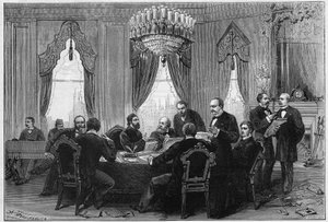 Wojna wschodnia (1875-1878) zwana także wojną rosyjsko-turecką (rosyjsko-turecką): dyplomaci spotkali się 23 grudnia na Konferencji Plenarnej Konstantynopola w Pałacu Admirautów autorstwa French School