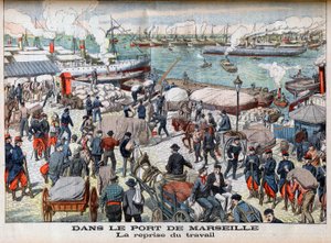 Koniec strajku w Marsylii, ilustracja z „Le petit Journal”, 23 października 1904 - W PORTIE MARSYLIA - Powrót do pracy - Po zbyt długich dniach bezrobotnych port w Marsylii w końcu wznowił działalność autorstwa French School