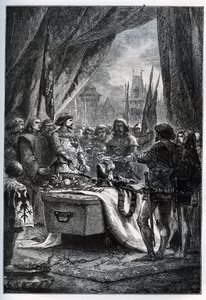 Angielski gubernator Chateauneuf de Randon (Chateauneuf-de-Randon, Owernia) poddał się i przybył, aby złożyć klucze do placu na trumnie Bertranda du Guesclin (1320-1380), przed którym 13 lipca 1380 r. obleganie. Le connetable die autorstwa French School