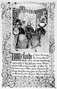 Wjazd Karola VII (1403-61) do Rouen w 1450 r., z rękopisu zawierającego opis wojny stuletniej, ilustracja z nauki i literatury średniowiecza i renesansu autorstwa French School