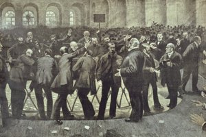 Słynny Corbeille na Giełdzie Paryskiej, ok. 1885 r. autorstwa French School
