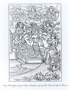 Meluzyna Fay, z której boków wyrasta drzewo genealogiczne królów i cesarzy, ilustracja z nauki i literatury średniowiecza i renesansu, napisana i rytowana przez Paula Lace autorstwa French School